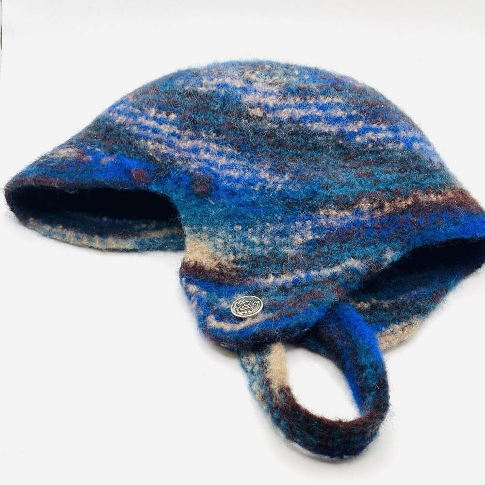 Handmade Winter Hat Blue One Size Felted Wool Knit Winter Warm
